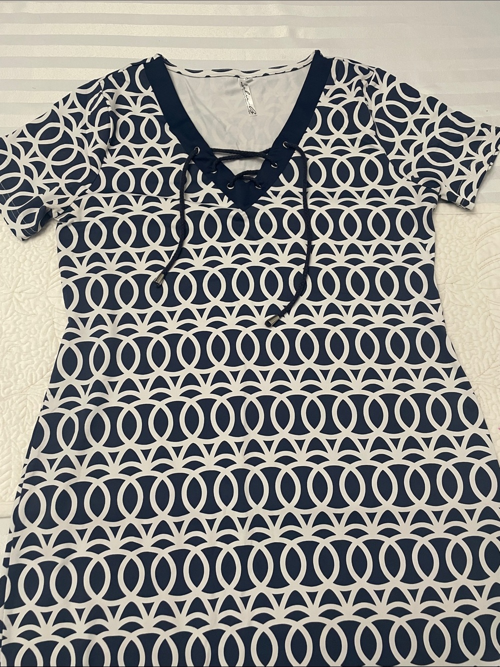 Lulu-B Navy and White Lace-Up Geometric Midi Dress